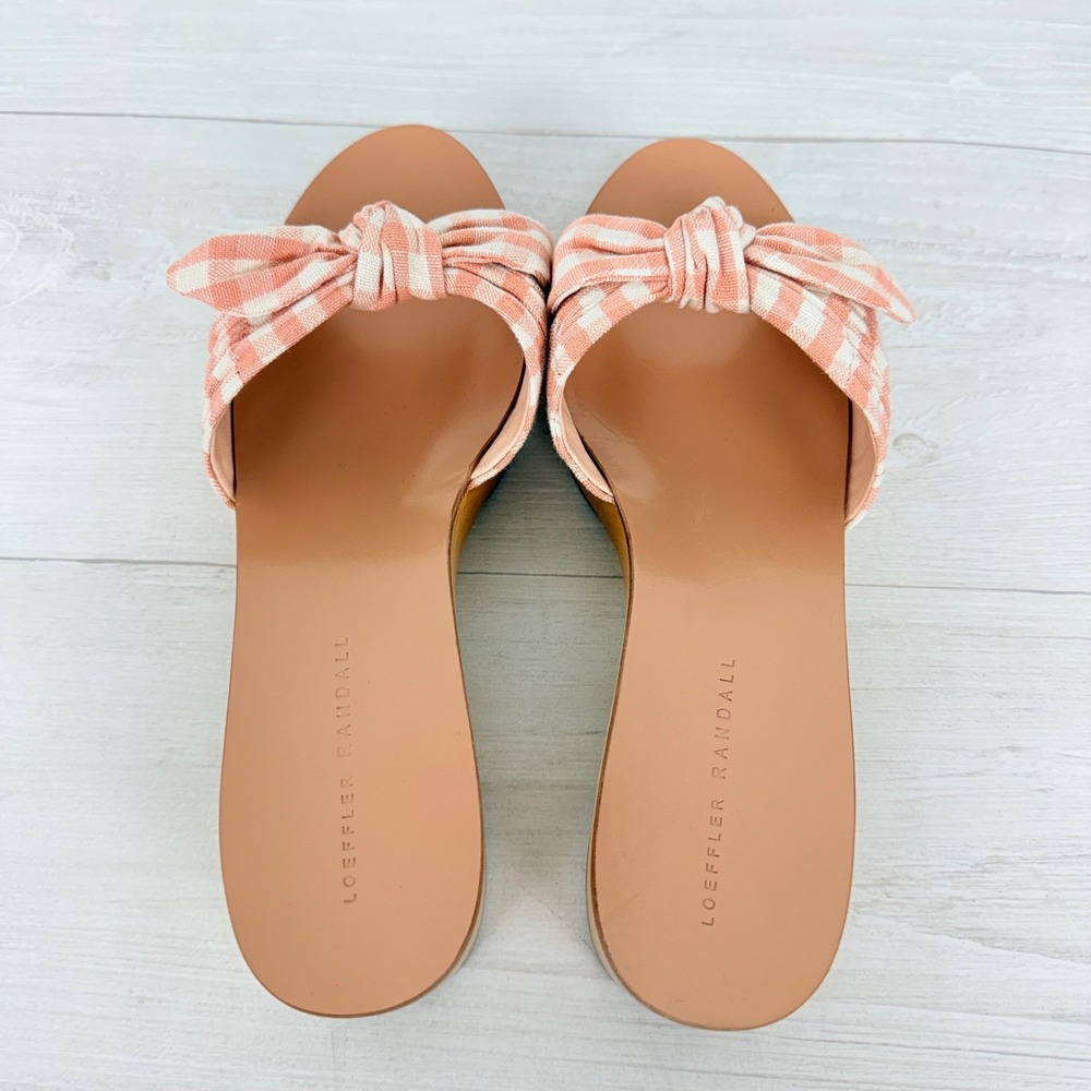 Anthropologie Loeffler Randall Clog Sandals Size 9 Pink Gingham Bow Wooden Heel - Picture 6 of 13